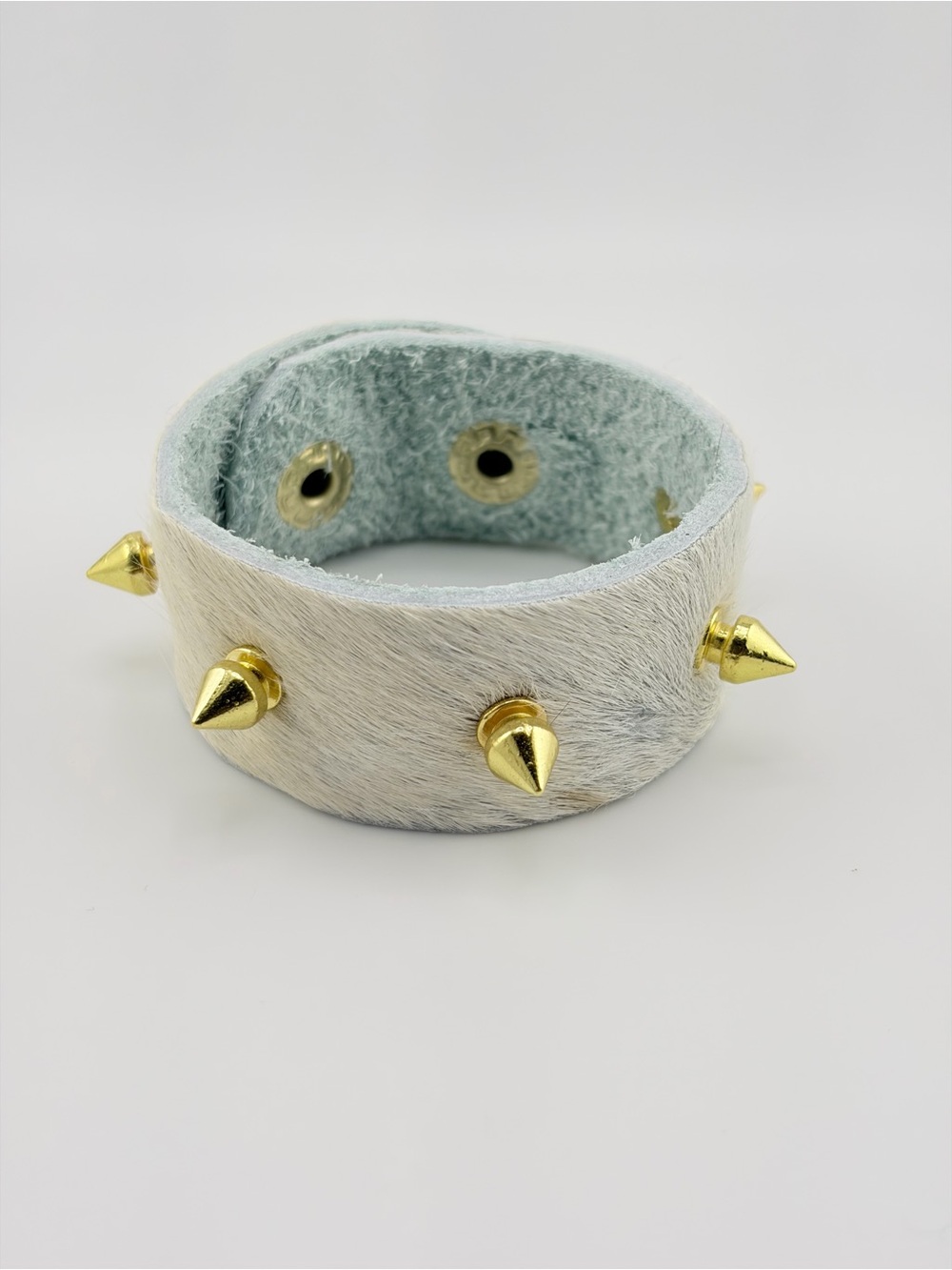 Pale Gray Hair-On Leather Cuff Bracelet with Gold Spikes